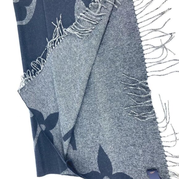 LOUIS VUITTON Monogram Muffler Monogram Giant fringe Scarf Cashmere Navy - Picture 7 of 8